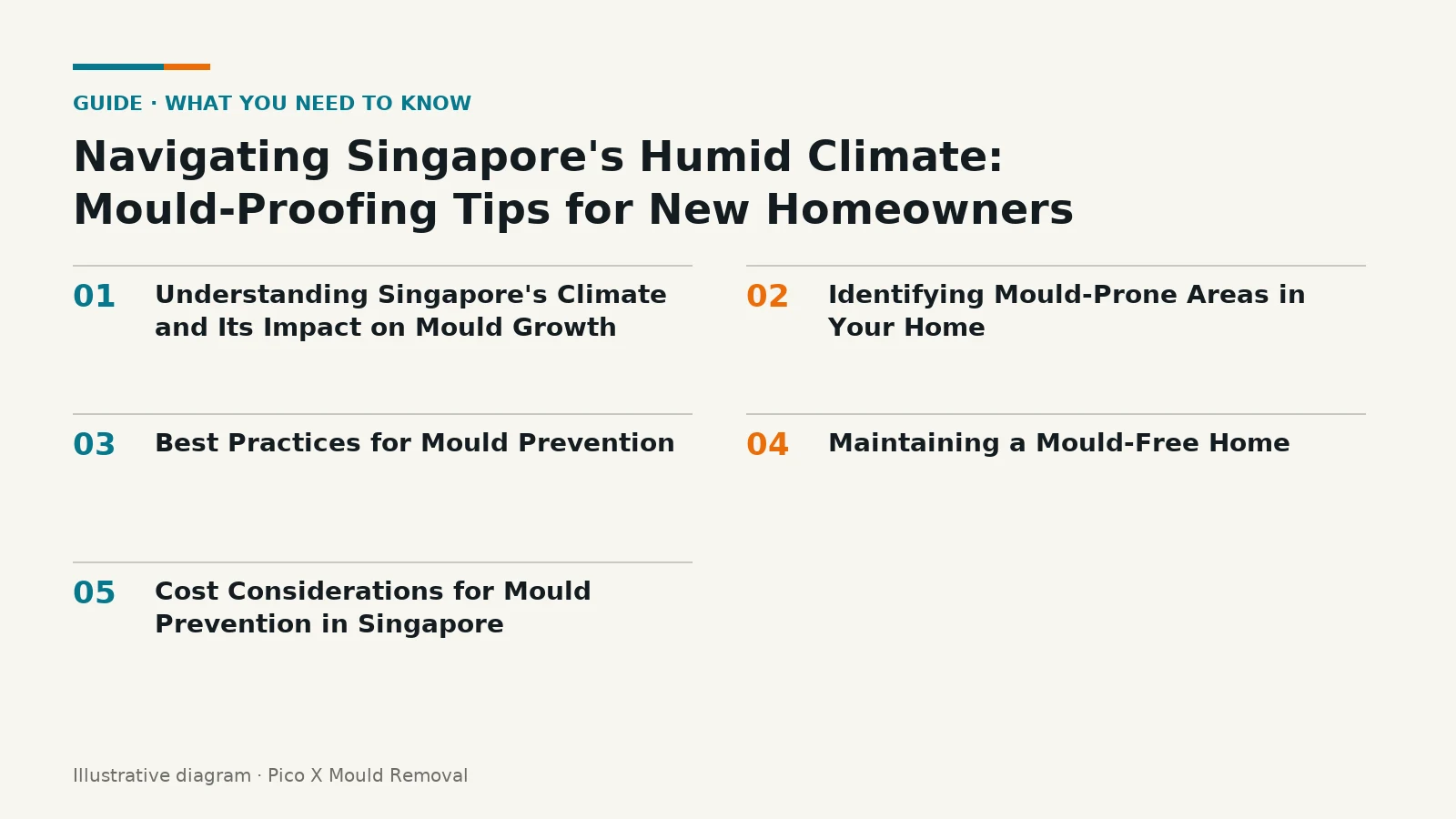 Illustrated diagram of Navigating Singapore's Humid Climate key points, helping Singapore homes prevent mould.