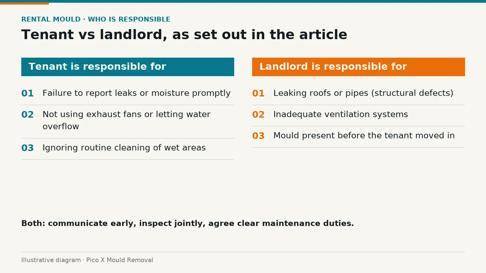 Illustrated diagram of tenant versus landlord mould responsibilities, helping Singapore homes prevent mould.