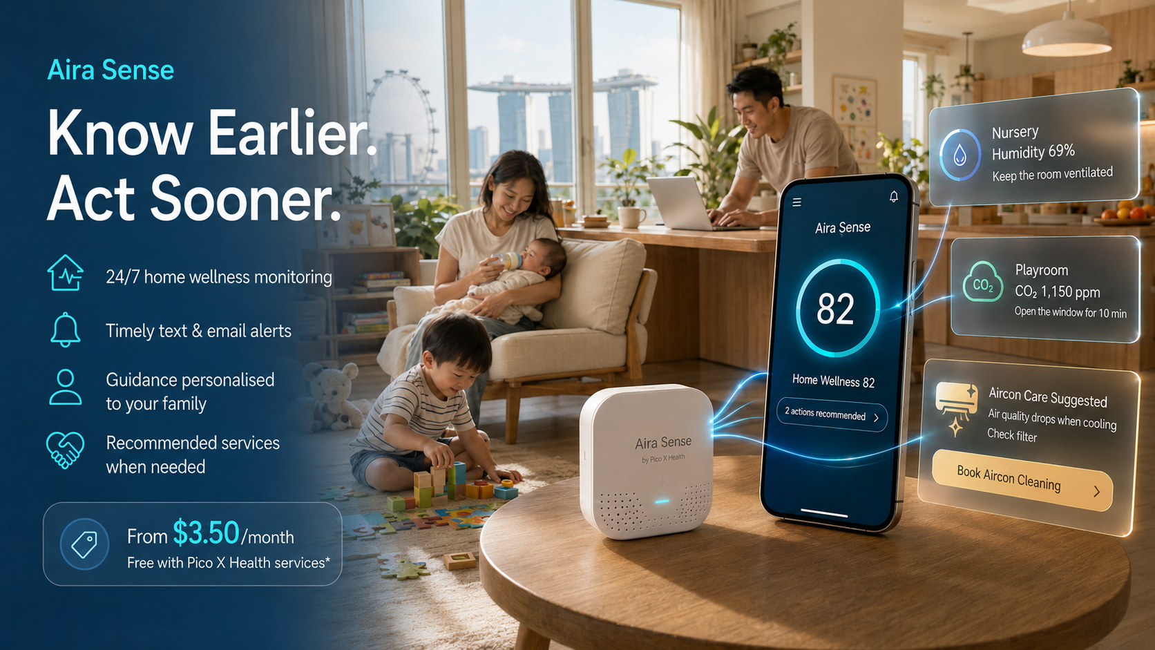 Family relaxing in a Singapore living room with the Aira Sense wellness sensor and a phone showing an 82 Home Wellness score with humidity and aircon care alerts