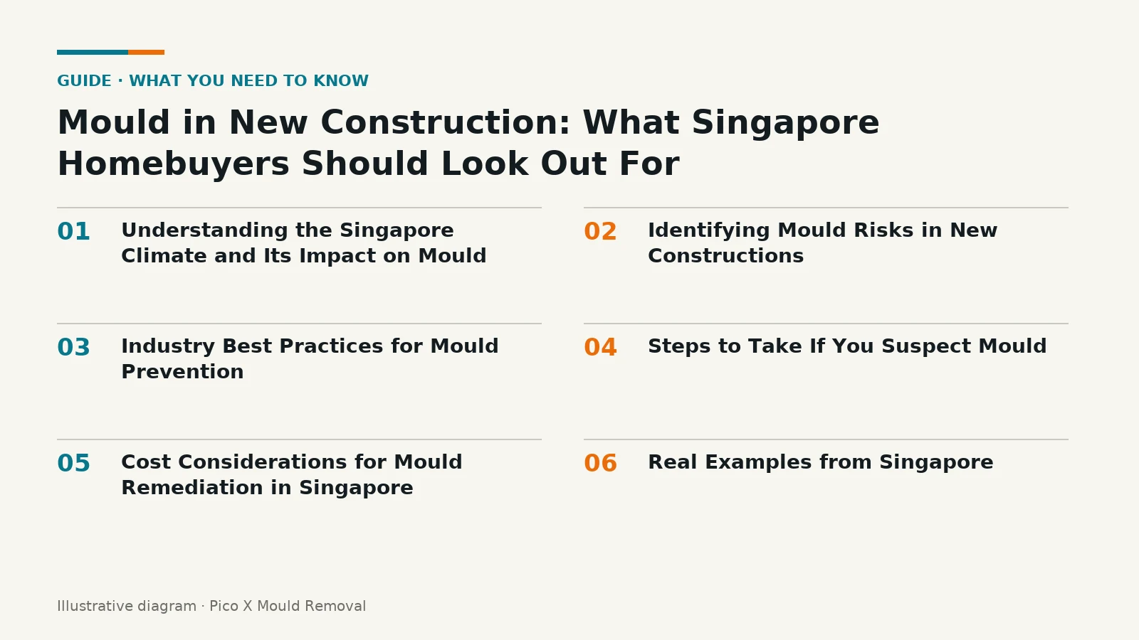 Illustrated diagram of Mould in New Construction key points, helping Singapore homes prevent mould.