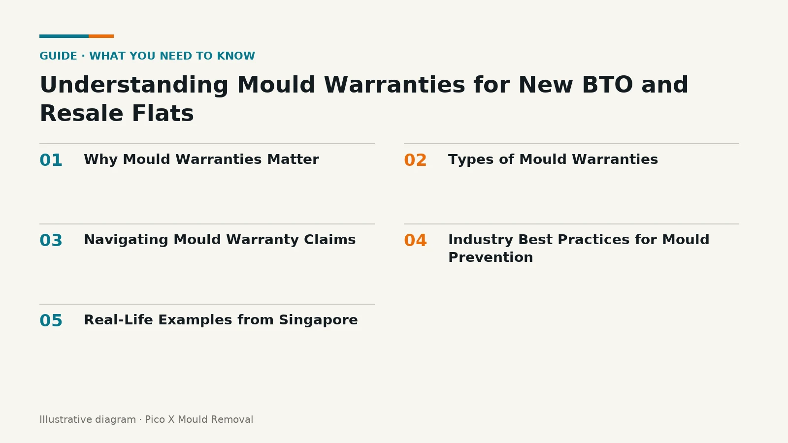 Illustrated diagram of Understanding Mould Warranties for New BTO and key points, helping Singapore homes prevent mould.