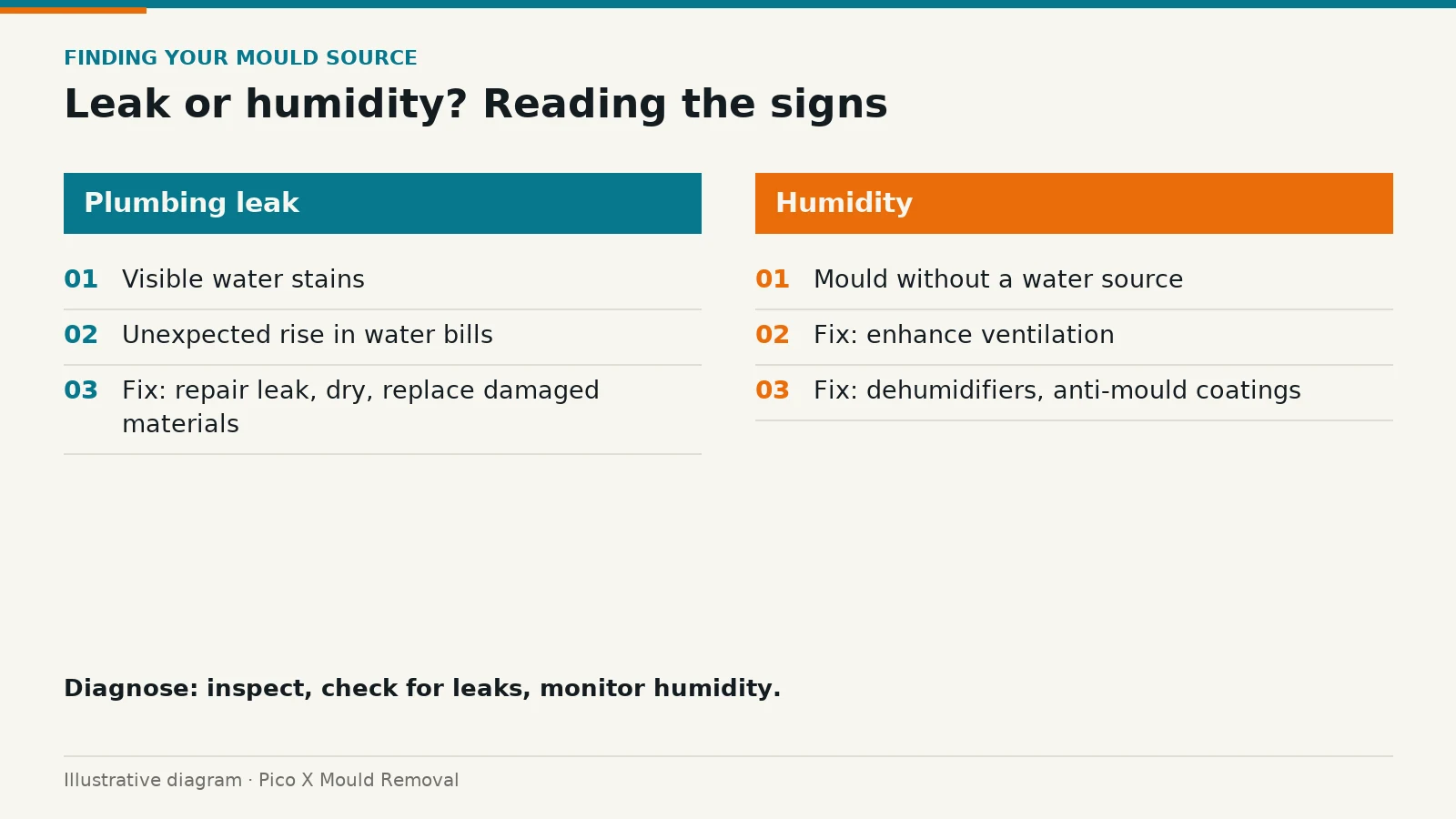 Illustrated diagram of leak or humidity? Reading the signs, drawn from the article to help Singapore homes prevent mould.