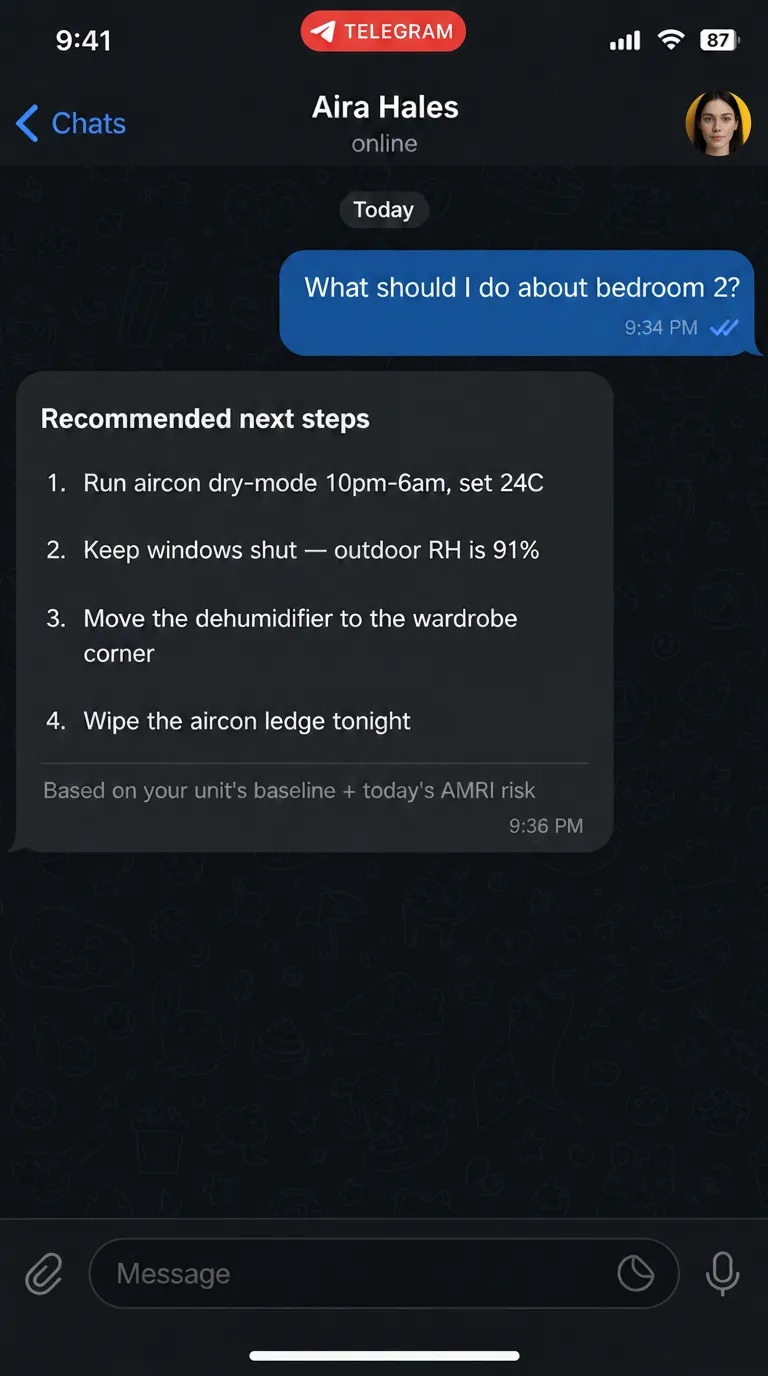 Aira Hales replying on Telegram with numbered mitigation steps — aircon dry-mode, windows shut, dehumidifier placement — based on the unit baseline and today's AMRI risk