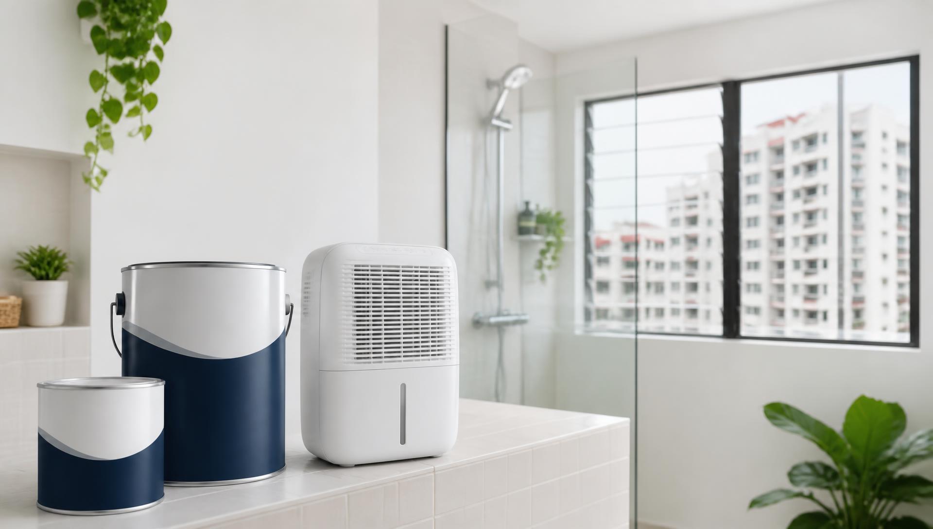 Anti-mould paint tins and a compact dehumidifier arranged in a bright Singapore bathroom, the Pico X Health shop range that keeps humid homes mould-free