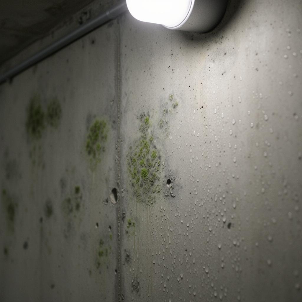 Diagnostic close-up of bomb shelter mould in Tengah showing the specific failure pattern Pico X technicians treat.