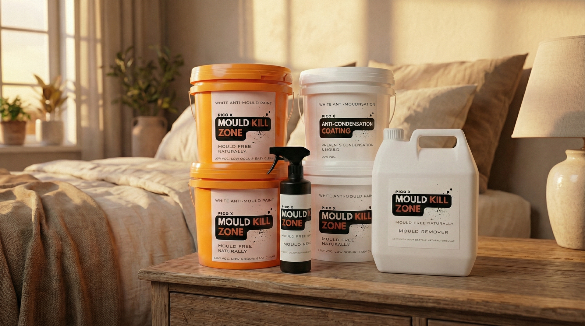 Pico X Health displays Mould Kill Zone product range in bedroom setting featuring Anti-Condensation Coating, Anti-Mould Paint, Anti-Mould Coating, Moldicide Spray, and Mould Remover - Singapore