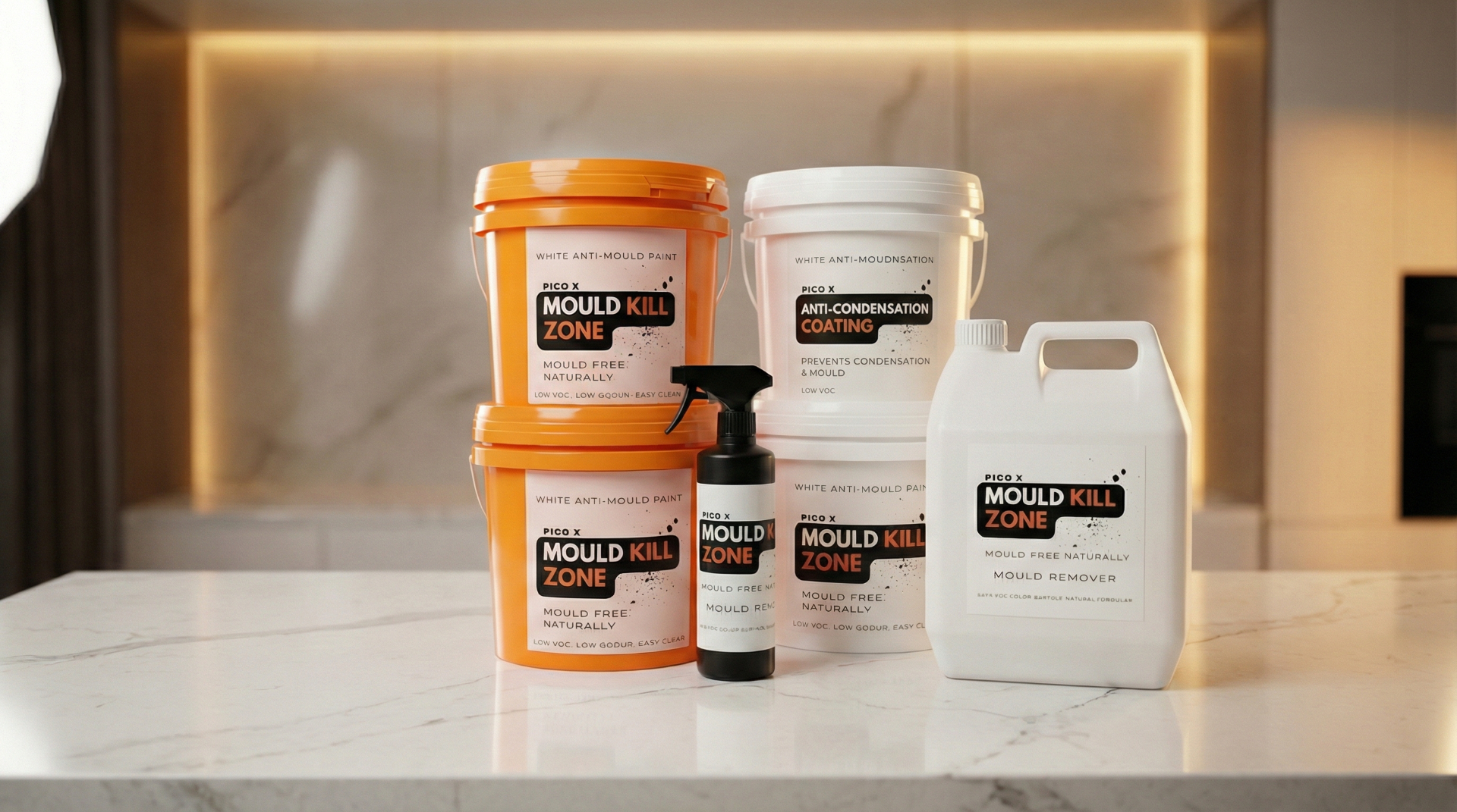 Pico X Health supplies Mould Kill Zone product range featuring Anti-Condensation Coating, Anti-Mould Paint, Anti-Mould Coating, Moldicide Spray, and Mould Remover - Singapore