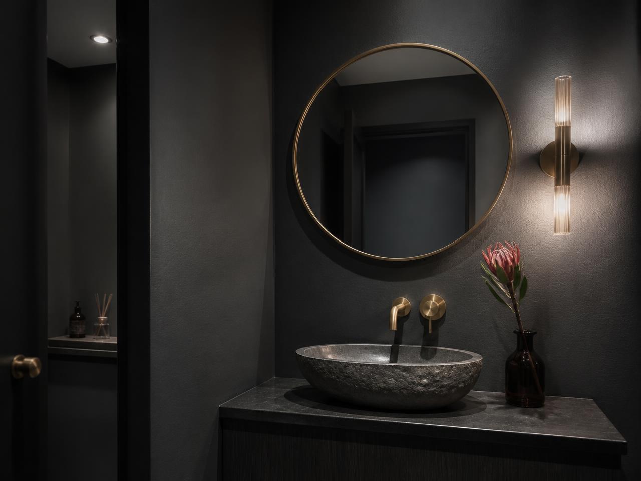 Zinsser Perma-White tinted to PXA-1937 Atelier Ink eggshell in a Singapore powder room, a deep charcoal that holds its sheen in a windowless wet area