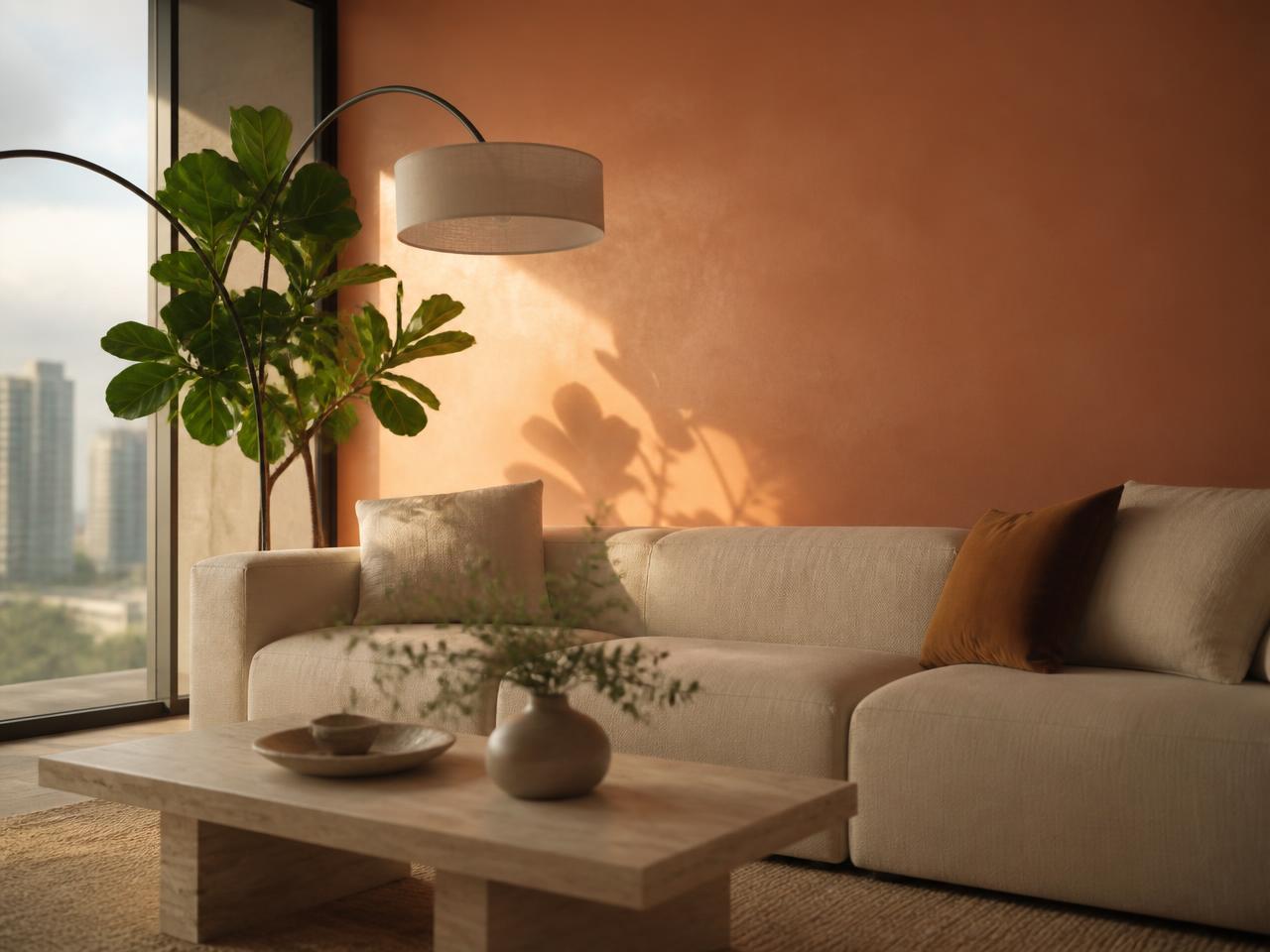 Zinsser Perma-White tinted to PXA-2143 Clay Letter eggshell on a Singapore living room feature wall, a terracotta tone that resists mould behind furniture