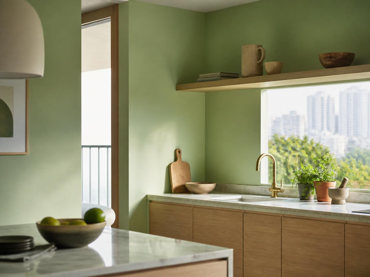 Zinsser Perma-White tinted to PXA-4616 Cypress Whisper eggshell on a Singapore condo kitchen wall, a fresh green finish that wipes clean of grease and mould