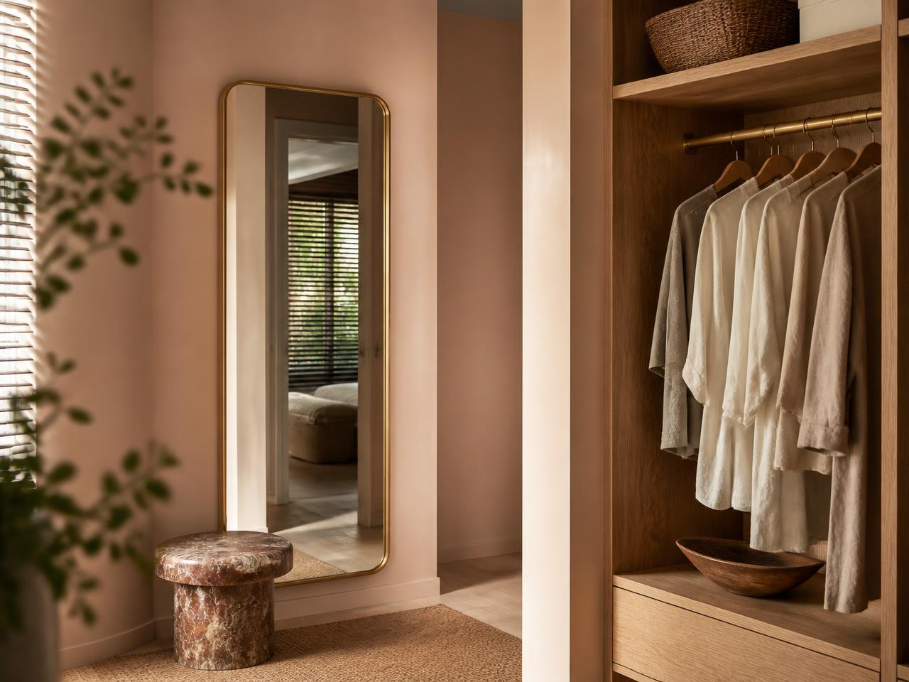 Zinsser Perma-White tinted to PXA-7621 Shell Veil eggshell in a Singapore condo walk-in wardrobe, a blush finish that keeps enclosed storage mould-free