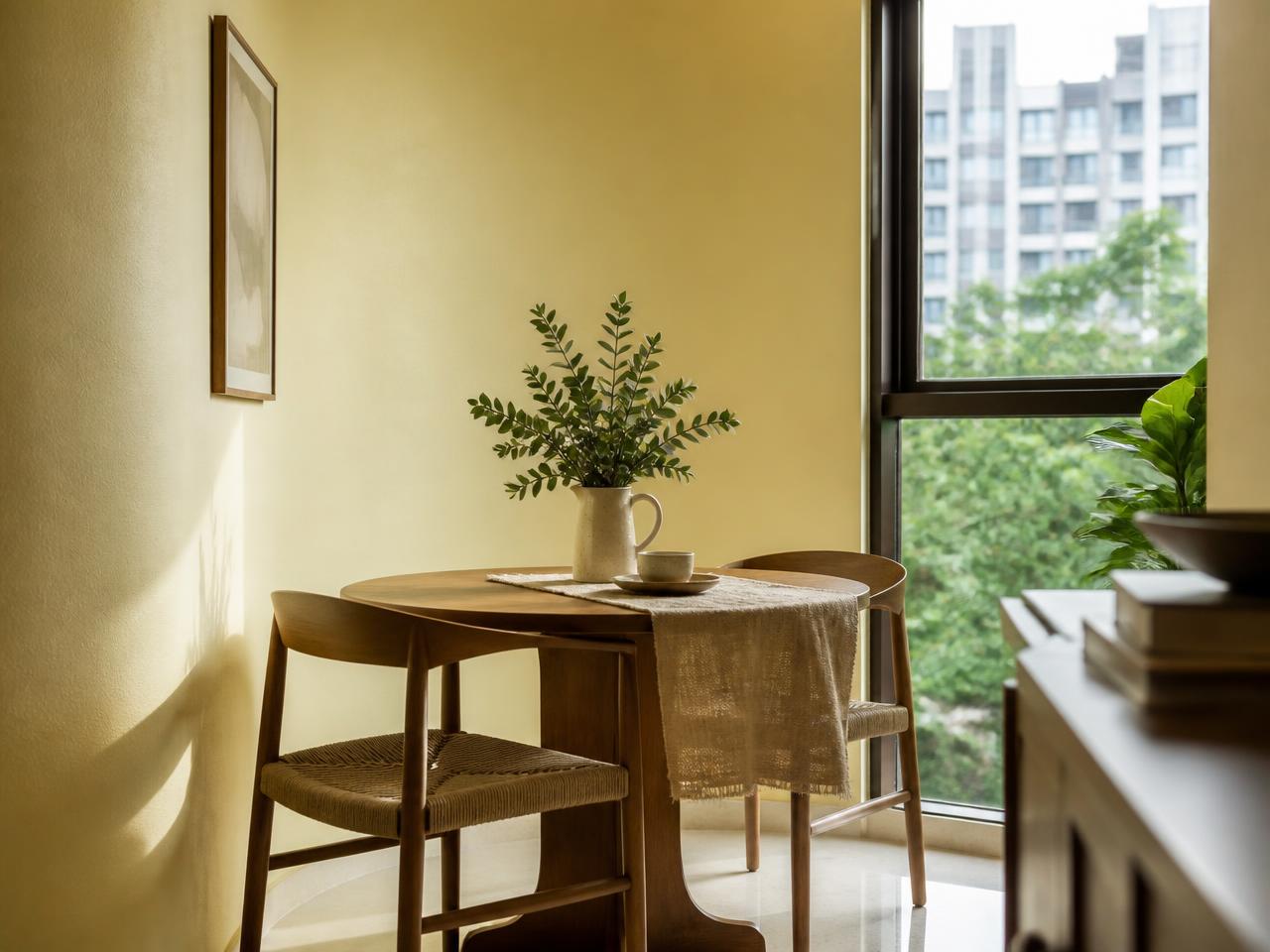Zinsser Perma-White tinted to PXA-8665 Straw Shade eggshell on a Singapore dining nook wall, brightening a dim corner with a mould-resistant finish