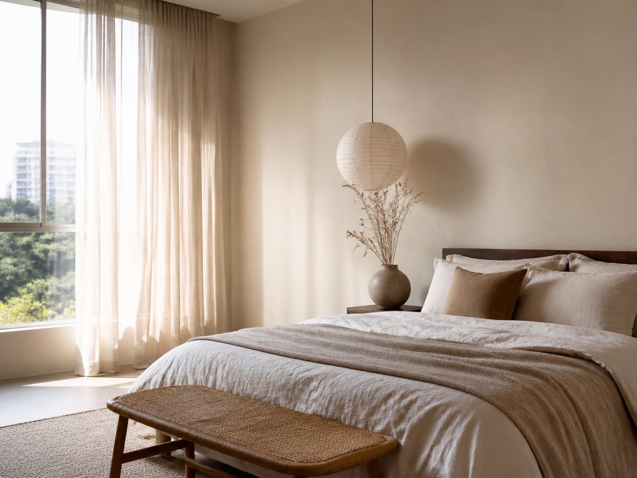 Zinsser Perma-White tinted to PXA-3621 Wheat Veil eggshell on a Singapore condo bedroom wall, giving a warm mould-resistant finish in humid air
