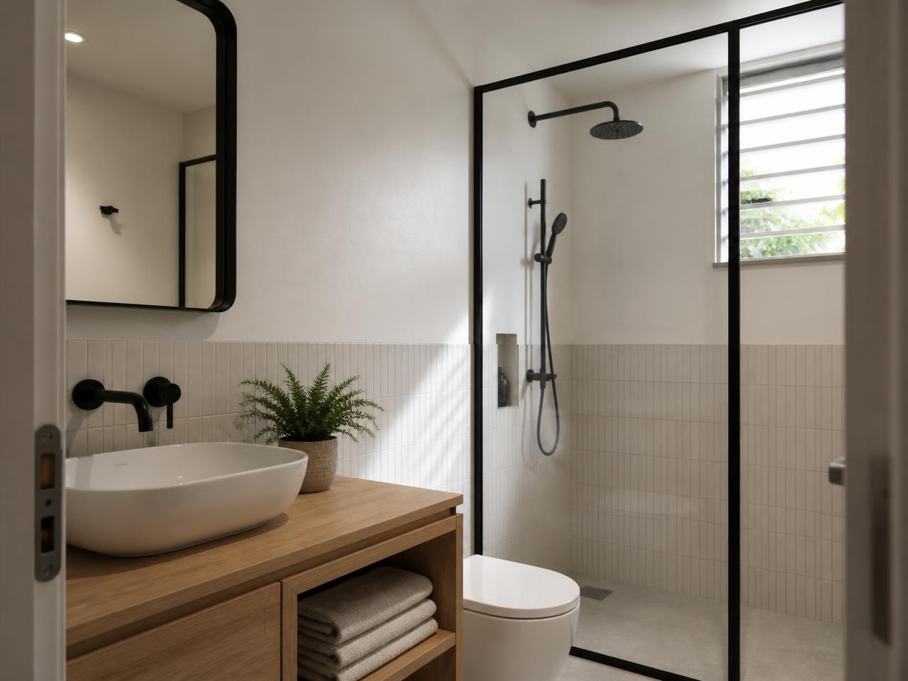 Zinsser Perma-White untinted white eggshell painted on an HDB bathroom wall in Singapore, keeping a humid wet area bright and mould-resistant