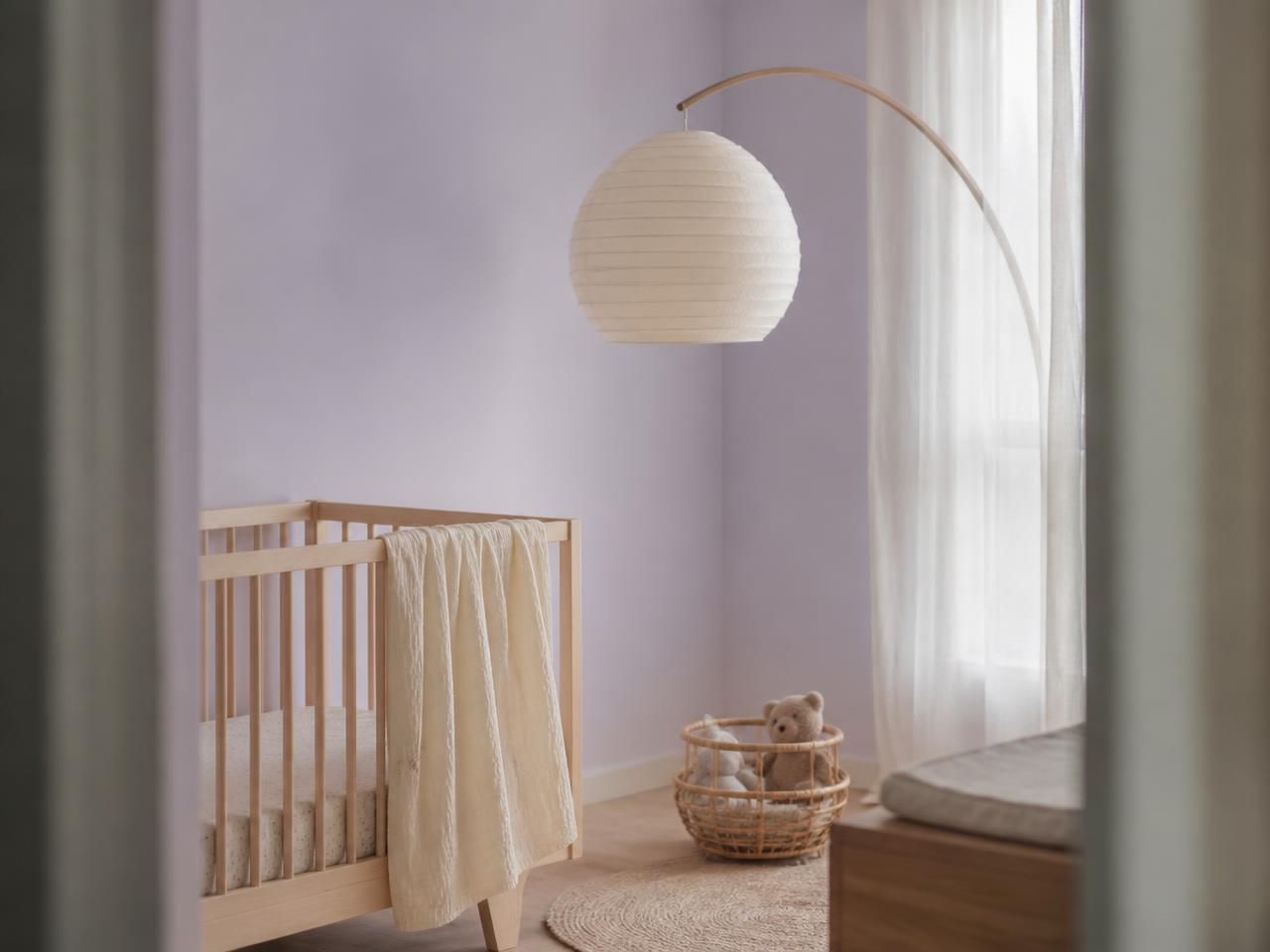 Zinsser Perma-White tinted to PXA-6607 Wisteria Haze eggshell on a Singapore nursery wall, a low-odour mould-resistant colour safe for a baby's room