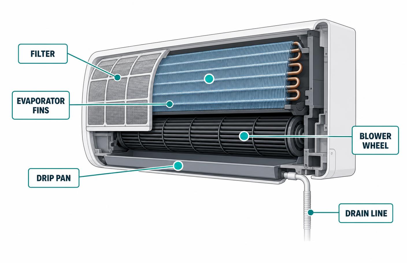 Cutaway diagram of a split aircon labelling filter, evaporator fins, blower wheel, drip pan and drain line, showing the three damp spots where mould colonises inside Singapore units