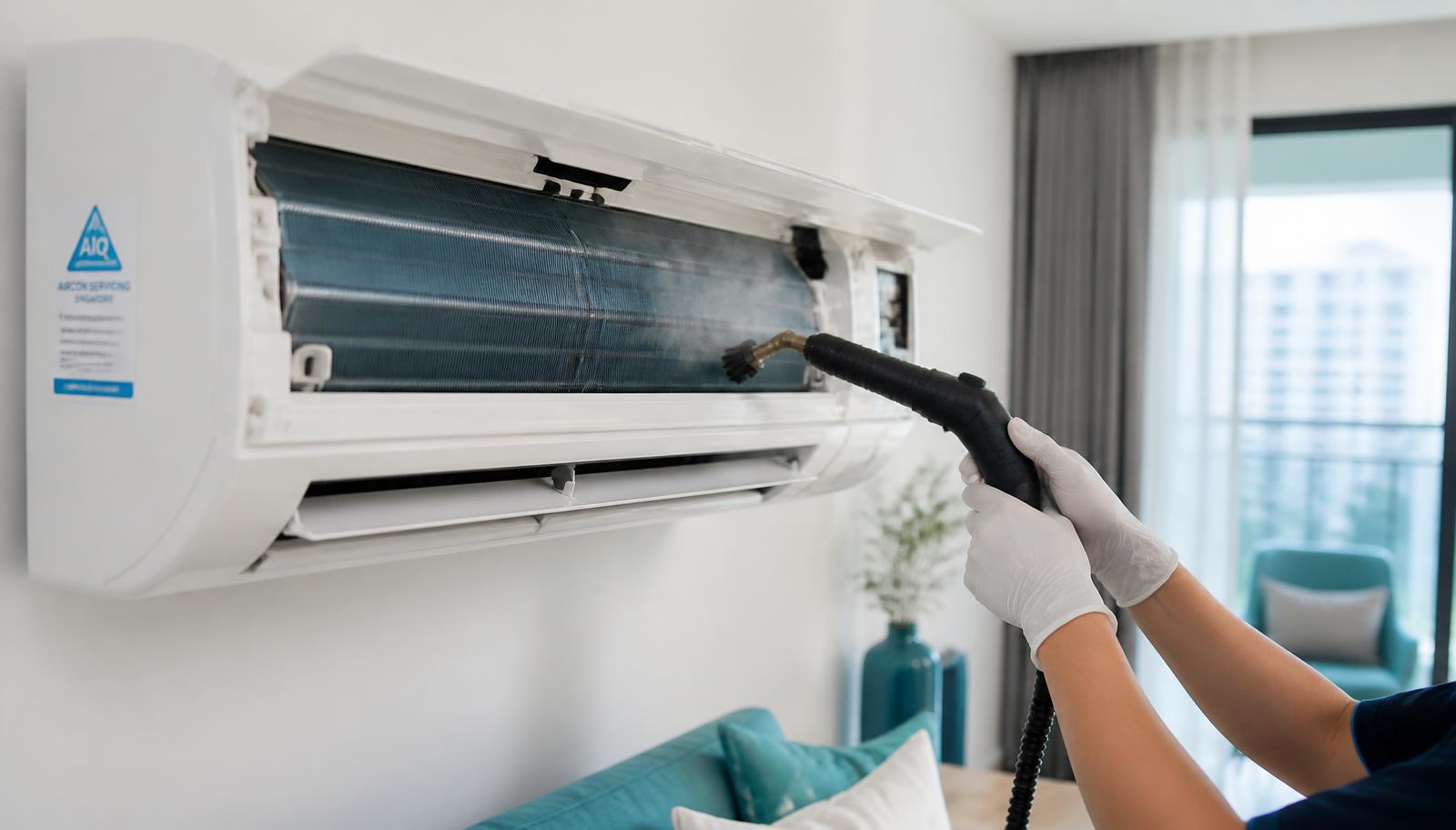 Technician steam-cleaning the evaporator fins of a wall-mounted aircon in a Singapore home to remove mould and restore clean, odour-free cooling