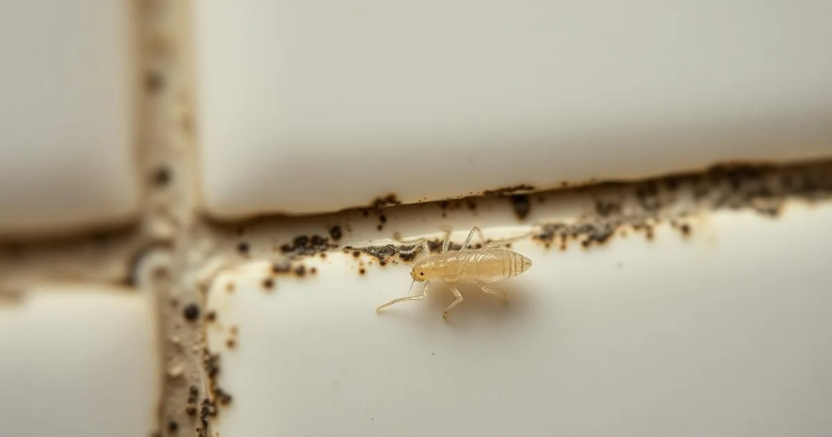 Macro photo of a booklice on mouldy bathroom grout in a Singapore HDB flat
