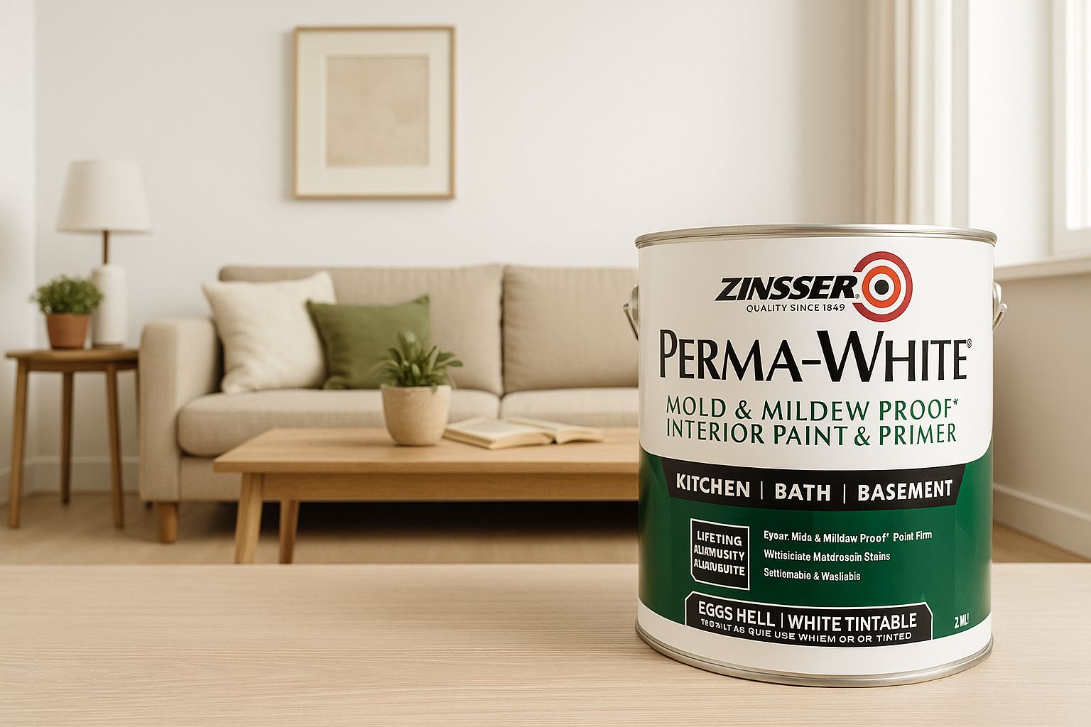 Zinsser Perma-White mould-resistant paint can and finish sample, a premium antimould coating for Singapore bathroom ceilings