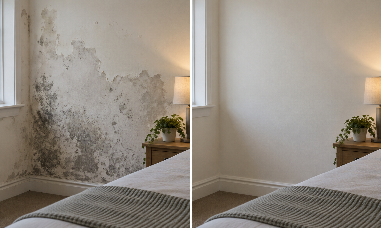 Bedroom condensation wall before treatment and the same wall dry and freshly coated after Shield22 Pro, stopping moisture damage