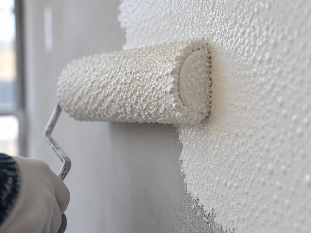Close-up of Shield22 Pro micro-ceramic coating being rolled onto an interior wall at 500 microns for thermal insulation