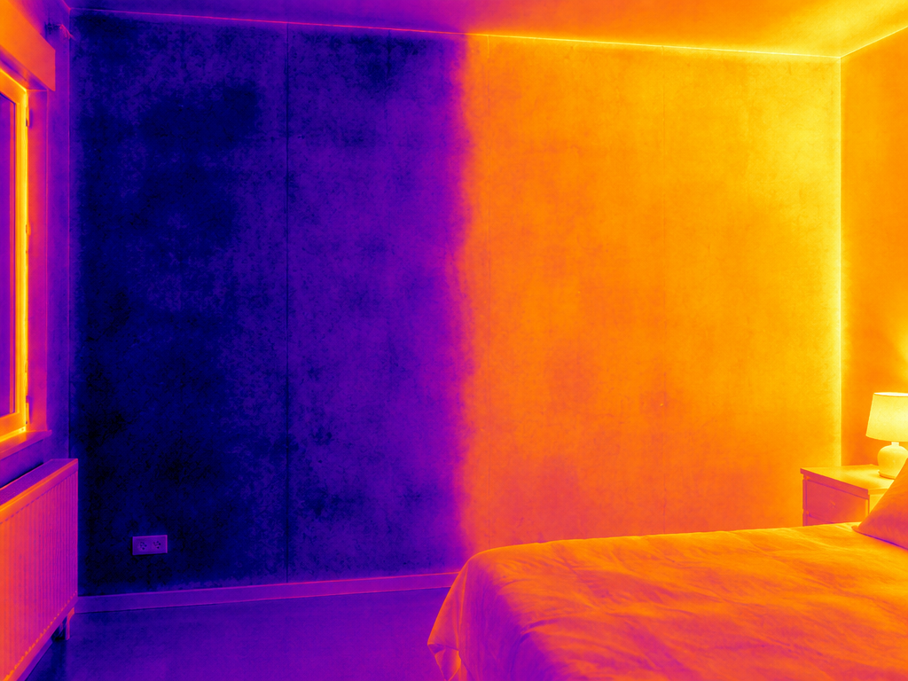 Thermal image comparing a cold uncoated wall chilled by the neighbour's aircon with the warmer Shield22 Pro coated surface above dew point