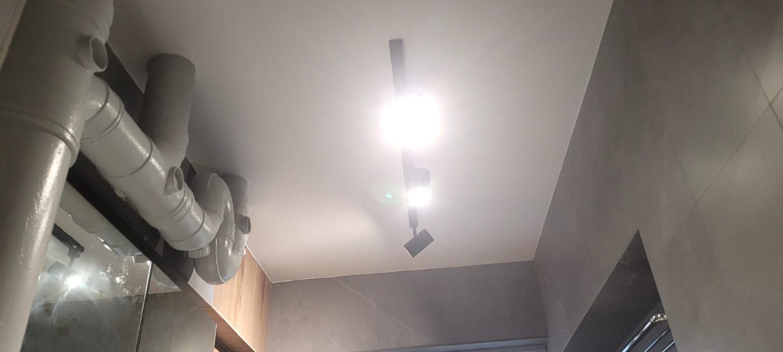 Singapore HDB bathroom ceiling with peeling paint, seepage staining, and mould growth on concealed water pipes before Pico X Health Reset