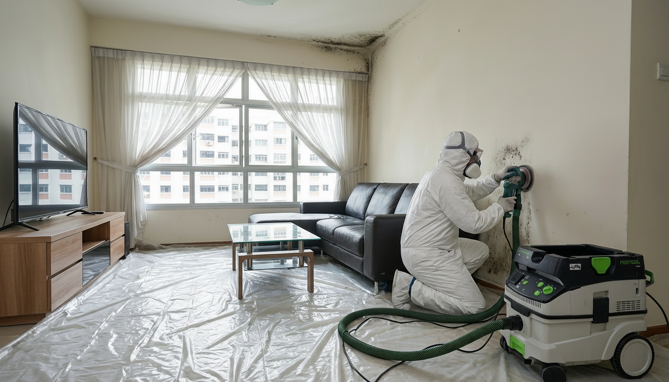 Technician performing mould removal in Singapore HDB flat