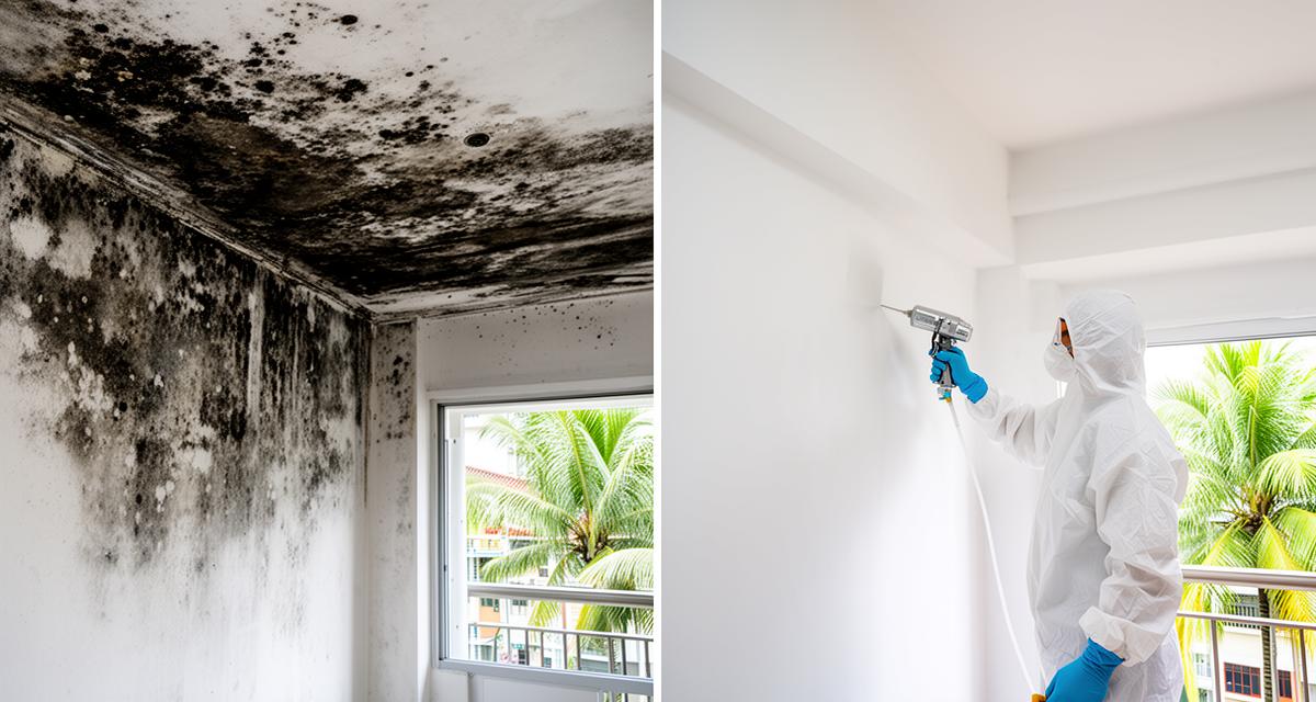Professional mould removal service treating ceiling mould in Singapore home