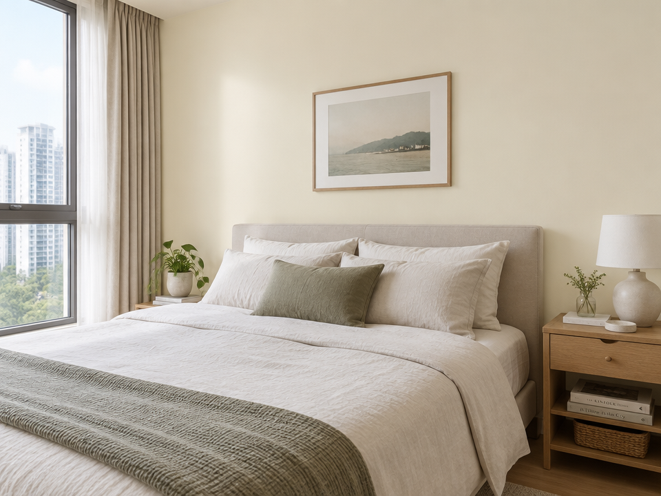 condo bedroom painted in Zinsser Perma-White Morning Linen PXA-1002, eggshell finish in natural Singapore daylight